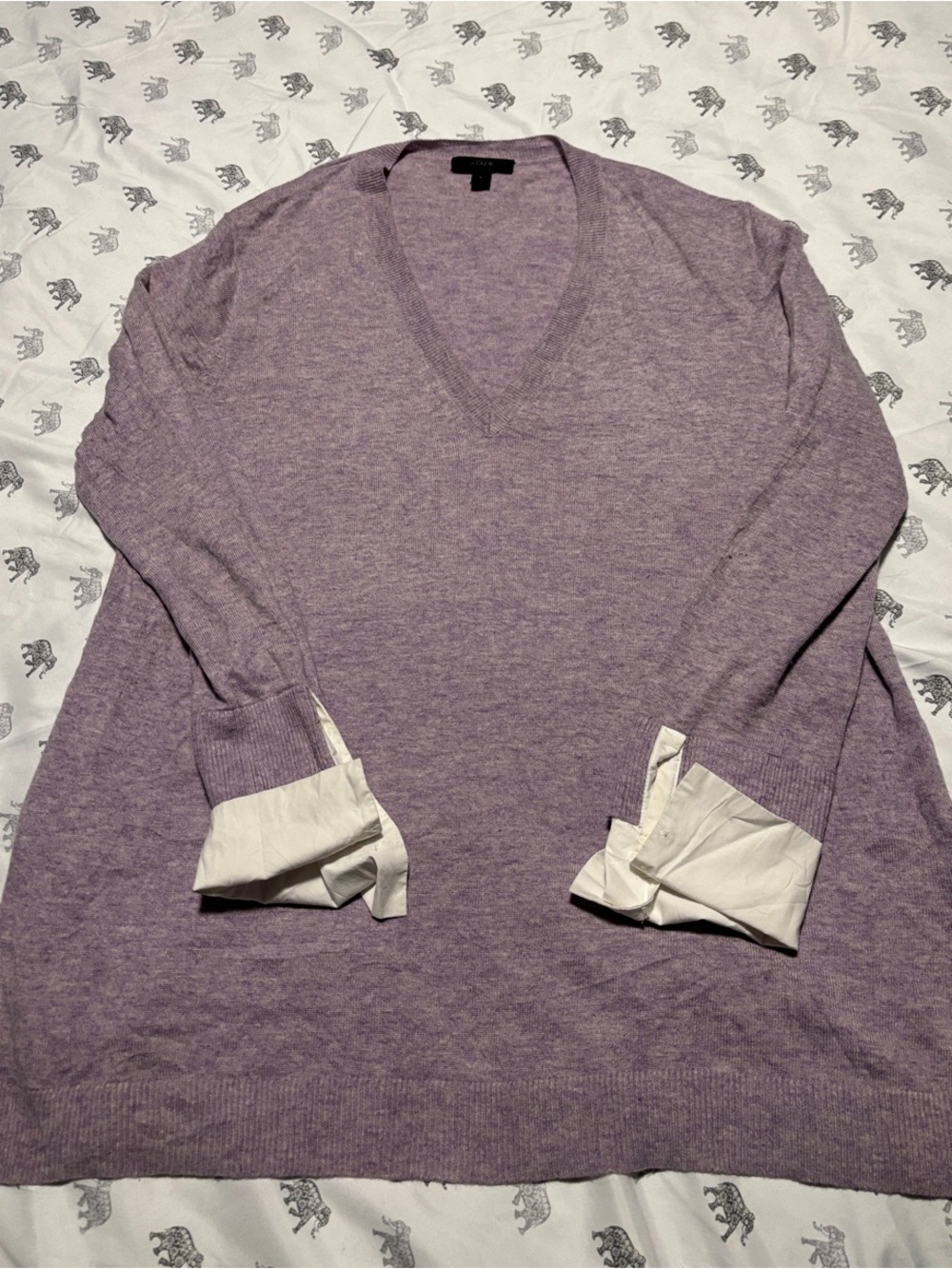 J. Crew Lavender V-Neck Sweater with White Cuff Detail